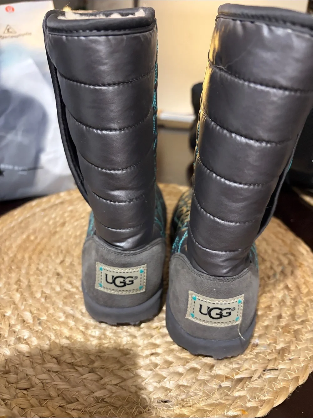 UGG Gray Quilted Heart Boots with Teal Accents